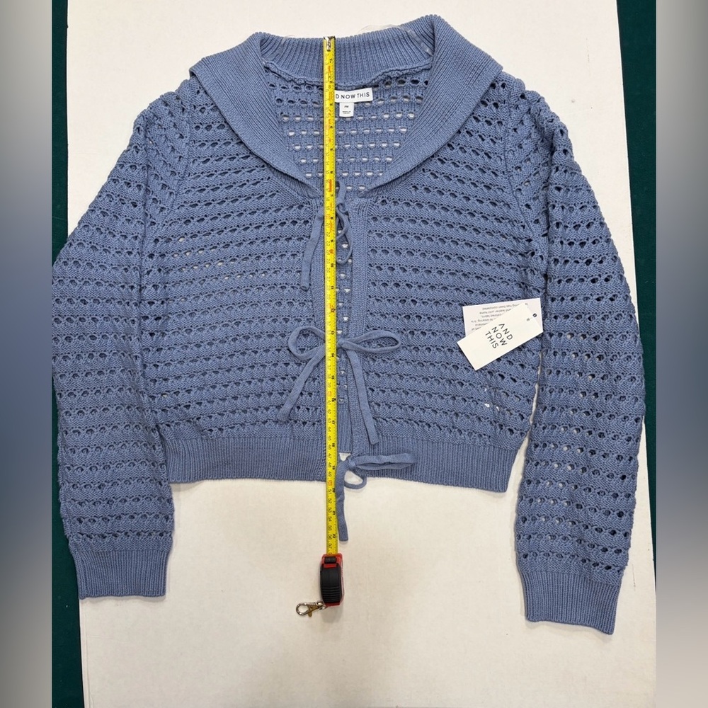 Blue Open Knit Tie Front Cardigan | Cropped Sweater | NWT | PM Petite - Picture 8 of 8